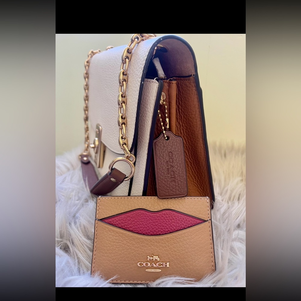 Coach Women's Tan and White Crossbody Bag pebble leather AND (cardholder NWT)